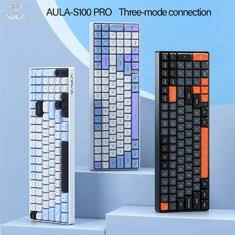 Gaming Keyboard Hot Swappable - AULA S100Pro คีย์บอร์ดไร้สายแบบกลไก, การเชื่อมต่อสามโหมด, ฐานแกนคีย์แบบเต็ม, ฮอตสวอป,
